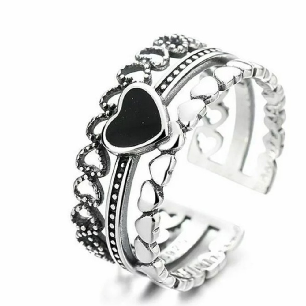 Sterling ring heart black heart adjustable